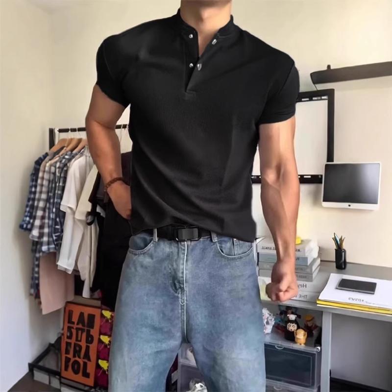 Tシャツ メンズ 半袖 ヘンリーネック 黒 ブラック ポロシャツ 夏 運動 スポーツ ウェア ワッフル 吸湿..