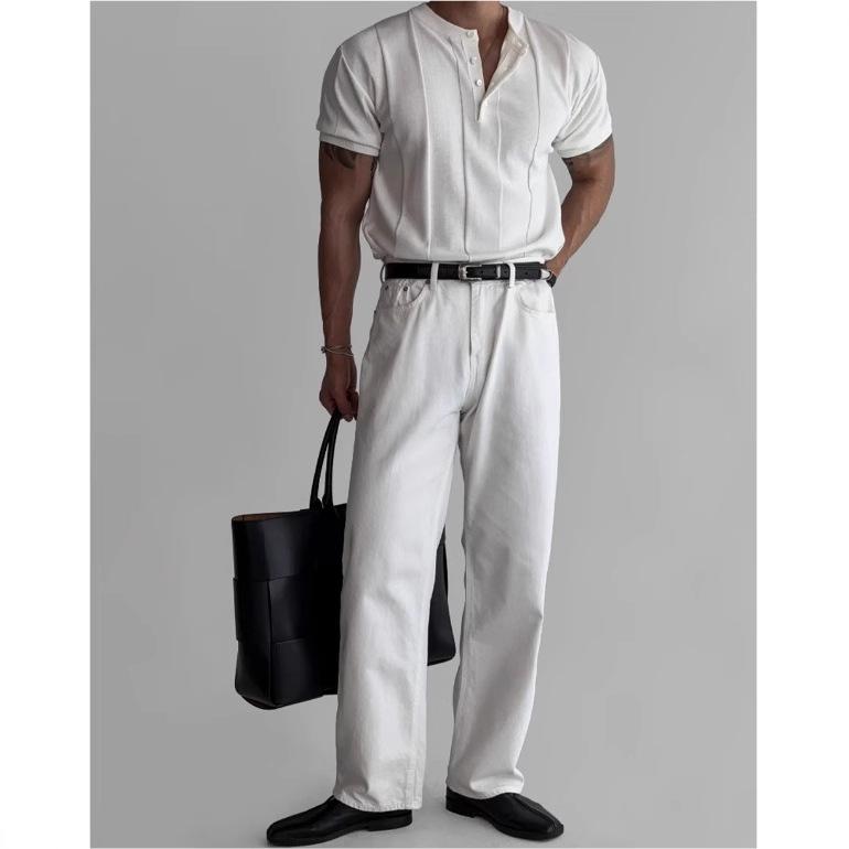 Men'S Underwear - Tシャツ メンズ 接触冷感 ヘンリーネック ニット トップス 半袖 スリム ビジネス 通勤 無地 黒 白 グレー
