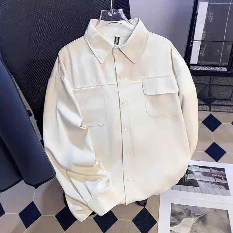 シャツ メンズ 長袖 無地 ワークスタイル トップス カジュアル 韓国 ポリエステル グリーン系 アイボリー M L XL XXL 3XL