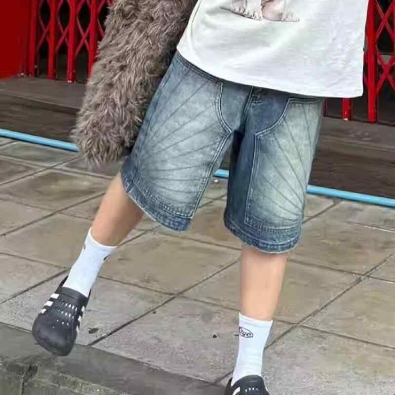 デニム メンズ ヴィンテージ加工 ストレート ワイド バギー ハーフパンツ 5分丈パンツ ウォッシュ加工 コットン ゆったり ジーパン ブルージーンズ カジュア...