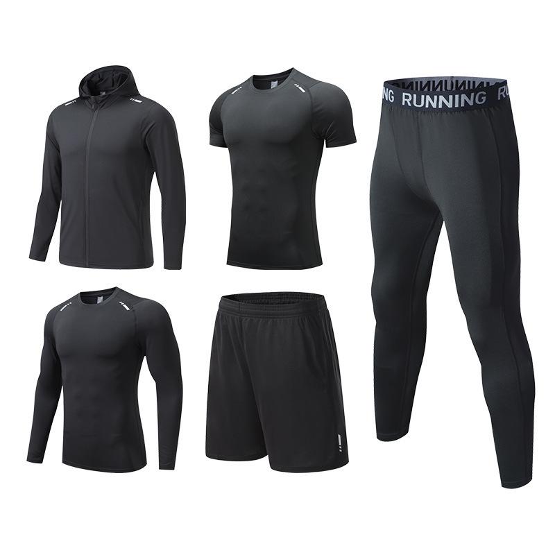 Other - スポーツウェア メンズ 男性用 上下セット 5点セット ランニングウェア トレーニングウェア 速乾 伸縮性 通気性 吸湿性 サイクルウェア バスケットボールウェア レギンス ブラック 黒 グレー グレー