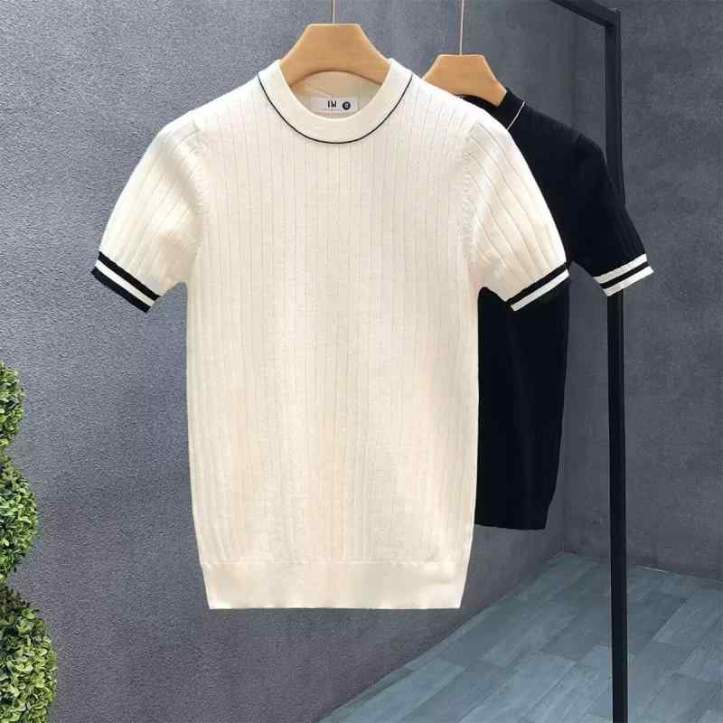 ニット メンズ 薄手 半袖 配色 ニットソー Tシャツ スリムフィット 夏ニット 春夏 カジュアル トップス 接触冷感 ポリエステル ブラック アプリコット