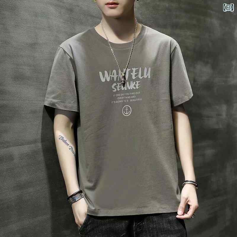 Tシャツ メンズ 男性用 半袖 トップス ラウンドネック スリム ポリエステル プリント 薄手 カジュアル スタイル 白 グレー 黒 普段使い 3