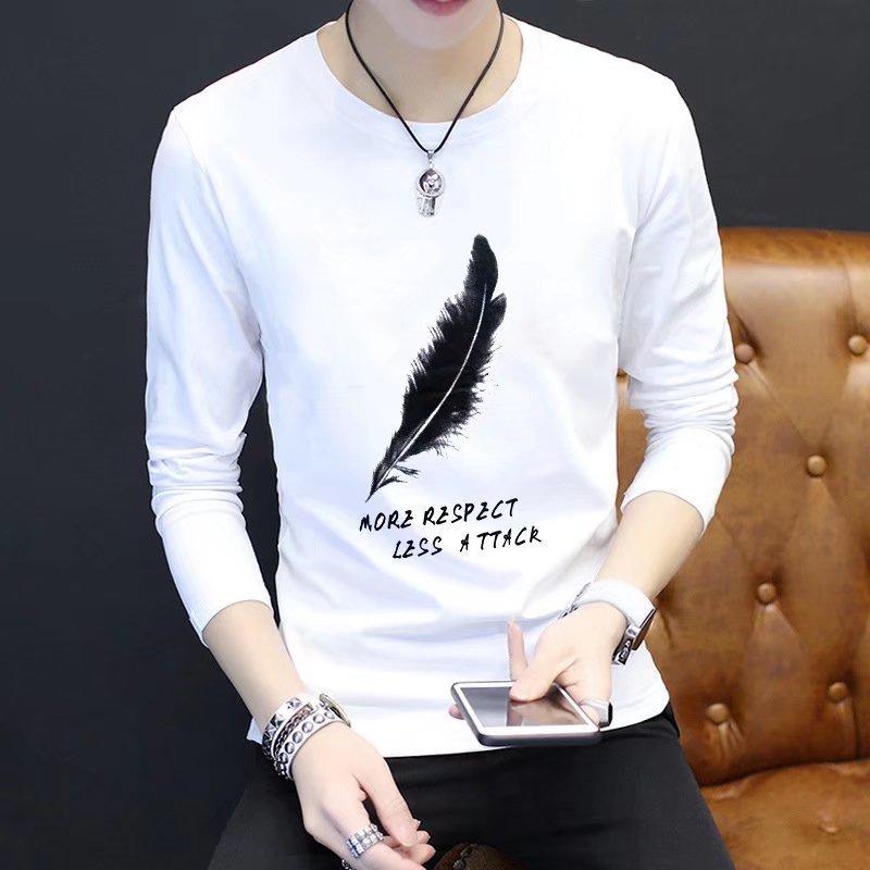 Rakuten - Tシャツ メンズ 長袖 カットソー スリムフィット 韓国 ラウンドネック トップス 春秋 ポリエステル カジュアル 羽毛ホワイト 羽毛ブラック 織テープ 乱条