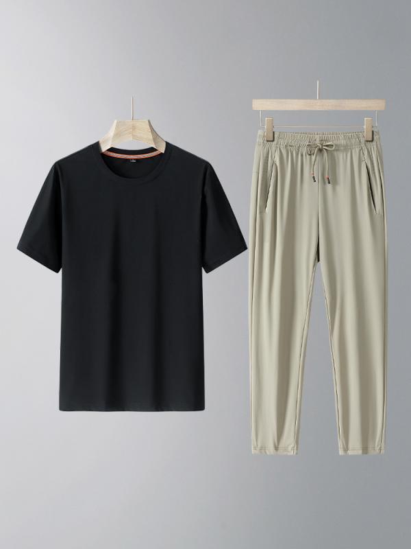 T-Shirts - メンズ 接触冷感 Tシャツ & 長ズボン セットアップ 薄手 スポーツウェア 男性用 部屋着 ルームウェア 普段使い パジャマ 春夏