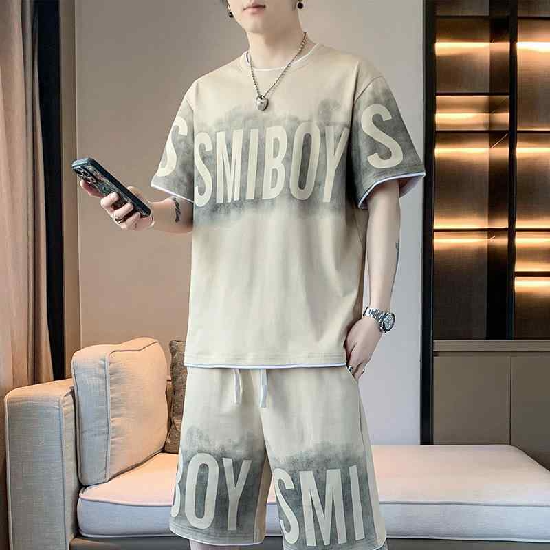 Rakuten - Tシャツ メンズ 男性用 コットン混紡 半袖 トップス ラウンドネック ショーツ 2点 セットアップ 部屋着 普段使い 運動着 春夏