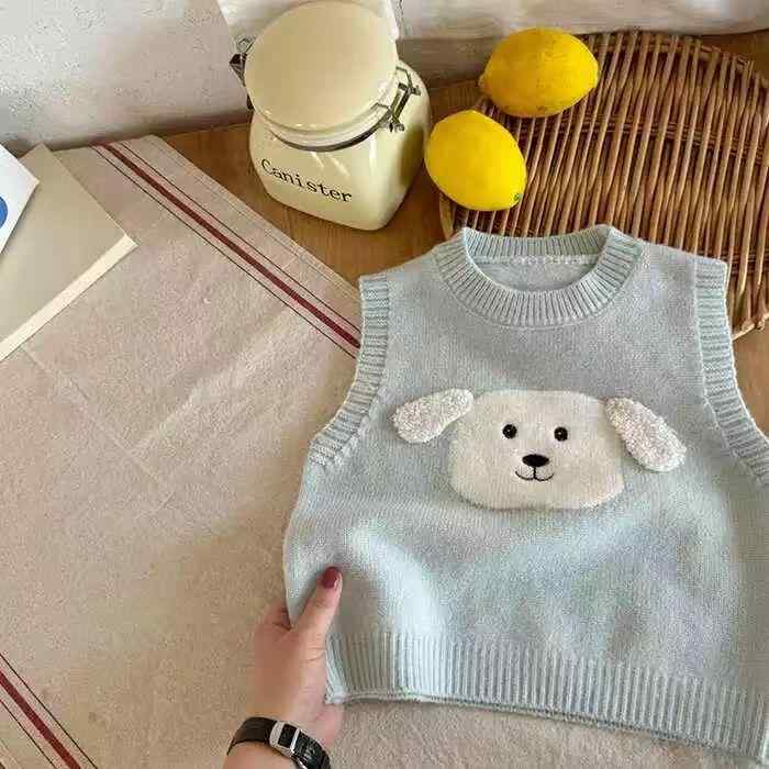 ニットベスト キッズ 子供服 男の子 女の子 春秋 ノースリーブ セーター かわいい 小犬柄 綿 柔らかい ベージュ グレー ブルー ホワイト 90 100 110 120 130 140