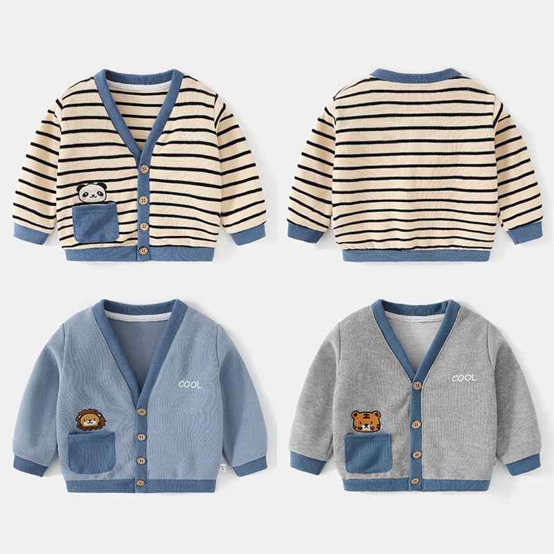 ベビー服 カーディガン アウター 男の子 女の子 幼児 小童 Vネック 綿 長袖 カジュアル ストライプ アニマル柄 73 80 90 100 110