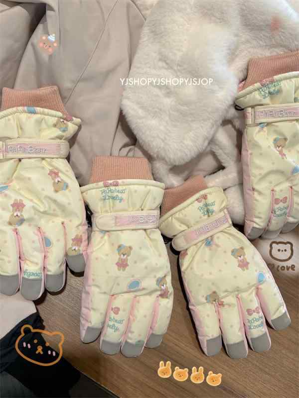 手袋 レディース かわいい 小熊 滑り止め 秋冬 防寒 暖かい 裏起毛 防風 自転車 バイク アウトドア 桃色 紫色 ポリエステル