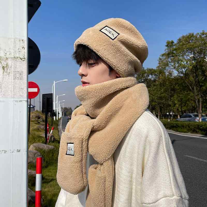 帽子 マフラー 手袋 一体型 男性用 秋冬 防寒 暖かい ネックウォーマー 厚手 学生 配飾 カーキ ポリエステル