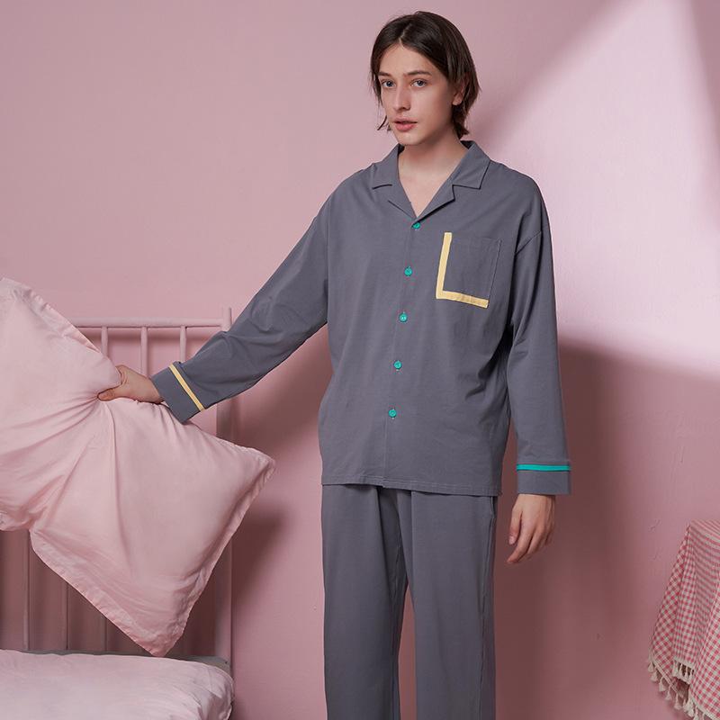 パジャマ メンズ 男性用 春秋 上下セット コットン 長袖 長ズボン 襟付き 部屋着 ルームウェア(x5)