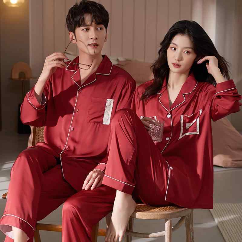 パジャマ レディース メンズ 春夏 Vネック 長袖 長ズボン ポリエステル 涼感 接触冷感 薄手 ルームウェア 寝間着 ペア お揃い 結婚祝い 赤 レッド