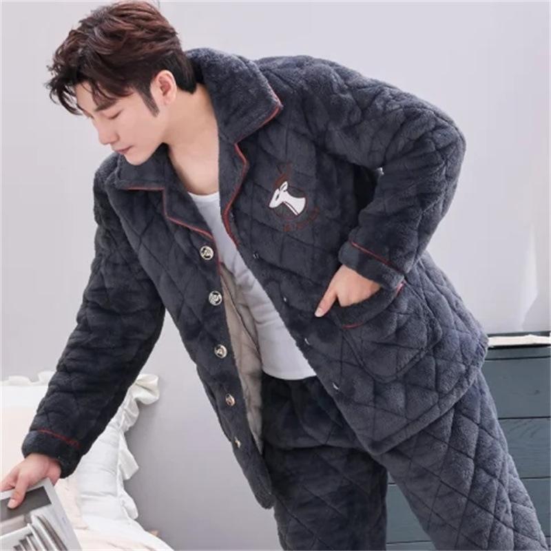 パジャマ メンズ 男性用 秋冬 厚手 裏起毛 あったか 部屋着 ルームウェア 上下セット 暖かい 寝巻き ズボン 長袖 ポリエステル 普段使い 快適 防寒 グレー ネイビー