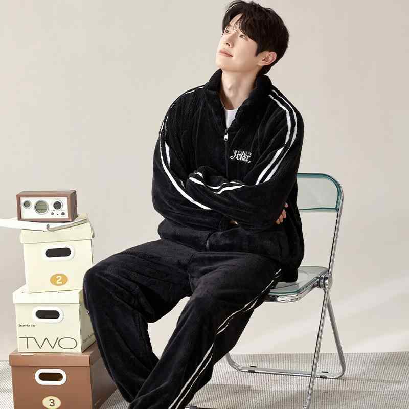 パジャマ メンズ 男性用 秋冬 厚手 フリース 暖かい 防寒 あったか 上下 セットアップ 部屋着 ルームウェア 寝巻き 長袖 長ズボン 襟付き シンプル カジュアル ポリエステル