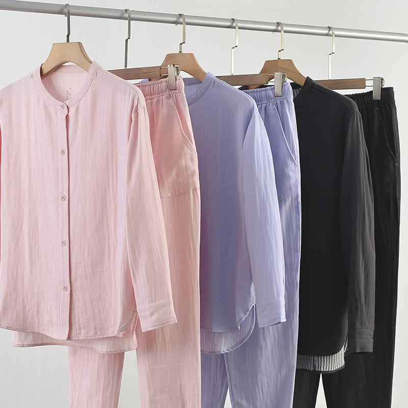 パジャマ レディース メンズ 全綿 ダブルガーゼ ルームウェア 上下セット 長袖 長ズボン 春秋 薄手 部屋着 寝間着 リラックスウェア 国潮風 ピンク系 パープル系 ダークグレー