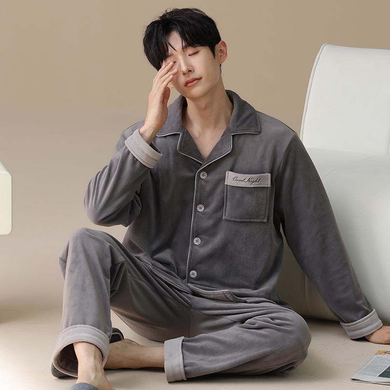 パジャマ メンズ 男性用 秋冬 長袖 フリース 暖かい 厚手 大きいサイズ 前開き 襟付き 部屋着 上下セッ..