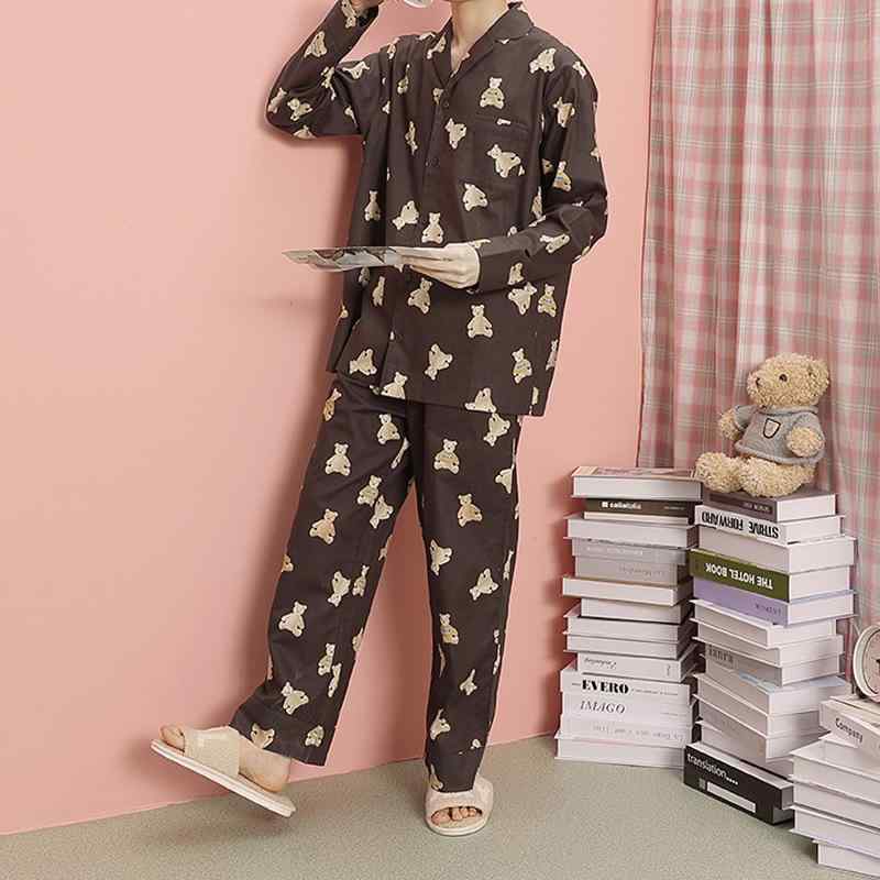 パジャマ メンズ ルームウェア 男性用 上下セット 綿 長袖 襟付き 熊柄 春秋 通気 睡眠 部屋着 普段使い 保温 グレー(x2)