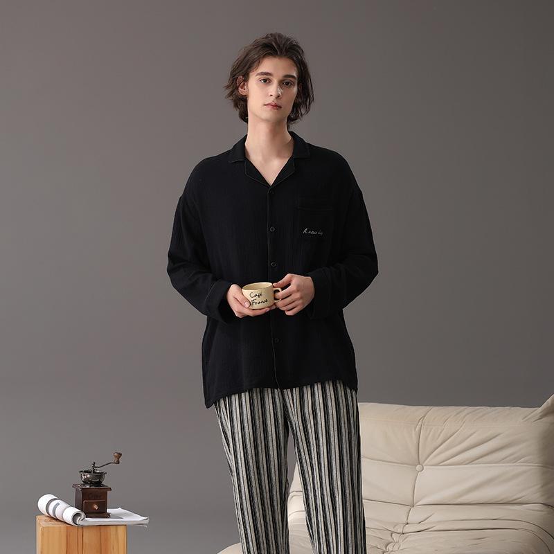 パジャマ メンズ 男性用 コットンガーゼ 長袖 Vネック 寝巻き 部屋着 ルームウェア 上下セット 春秋 快適 柔らかい 銀沙灰 不規則紋路 棋盤格