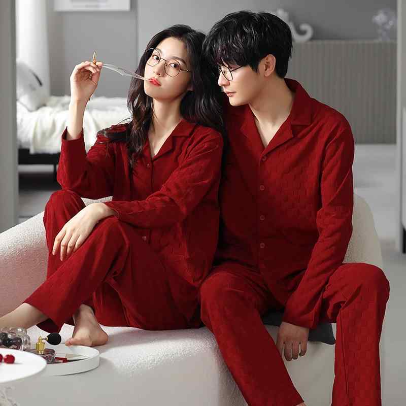 パジャマ レディース メンズ 秋冬 ルームウェア 上下セット 綿 長袖 開襟 襟付き 豪華感 ペアルック 赤 寝巻き 部屋着 あったか 暖かい