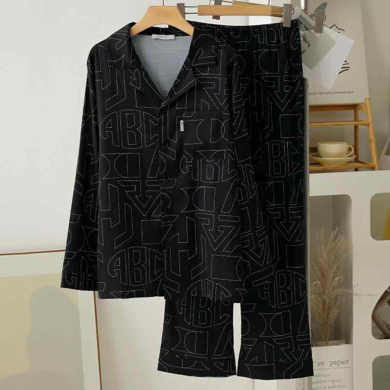 パジャマ メンズ 男性用 春秋 薄手 接触冷感 長袖 2点セット 大きいサイズ 部屋着 寝間着 リラックス ウェア ポリエステル ブラック
