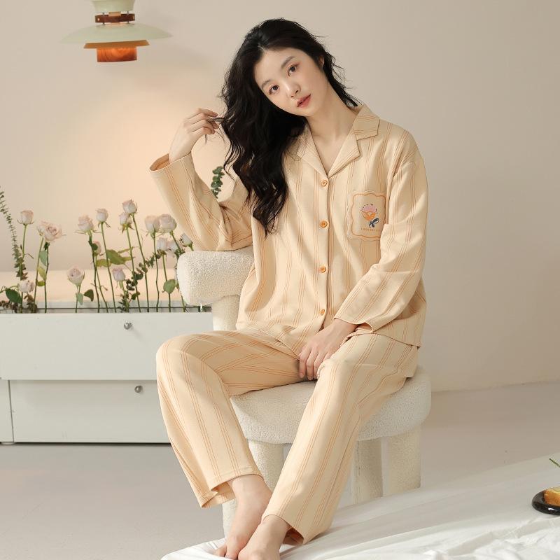 パジャマ レディース メンズ 春秋 長袖 Vネック 前開き 綿 部屋着 ルームウェア 上下セット ペアパジャマ 寝巻き 通気性 快適 シンプル カジュアル(4.0)