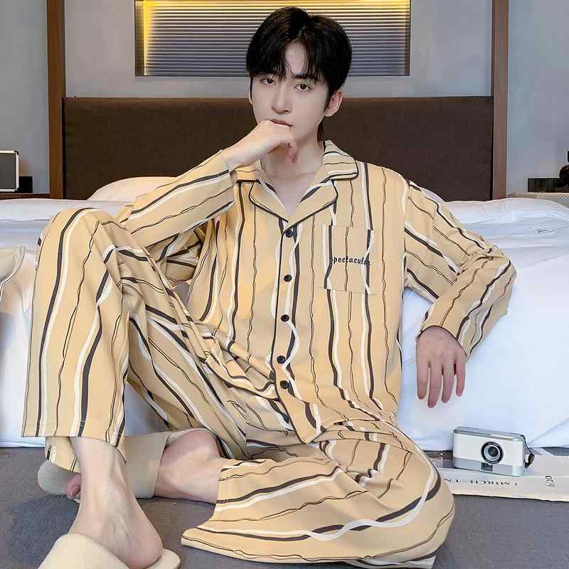 パジャマ メンズ 男性用 長袖長ズボン 上下セット コットン 綿 襟付き 前開き 通気性 快適 睡眠 部屋着 リラックス ゆったり ルームウェア 春秋