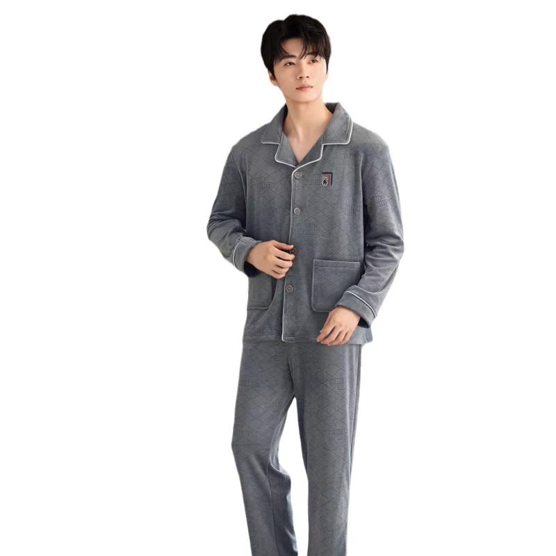 メンズルームウェア 上下セット 冬用 暖かい 海島絨 翻襟 襟付き 部屋着 パジャマ 寝間着 リラックスウェア 長袖 長ズボン 厚手 ポリエステル ブラック グレー ブラウン グリーン(x2)