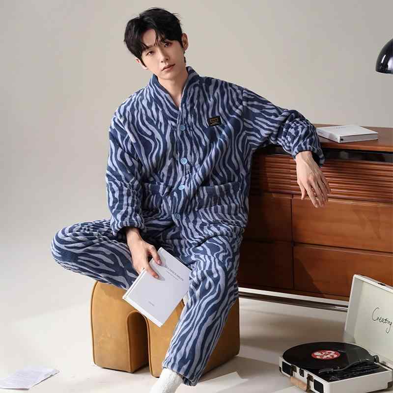 パジャマ メンズ 男性用 秋冬 珊瑚绒 ポリエステル 繊維 上下セット Vネック 長袖 長ズボン 厚手 暖かい 部屋着 リラックス ウェア シンプル カジュアル