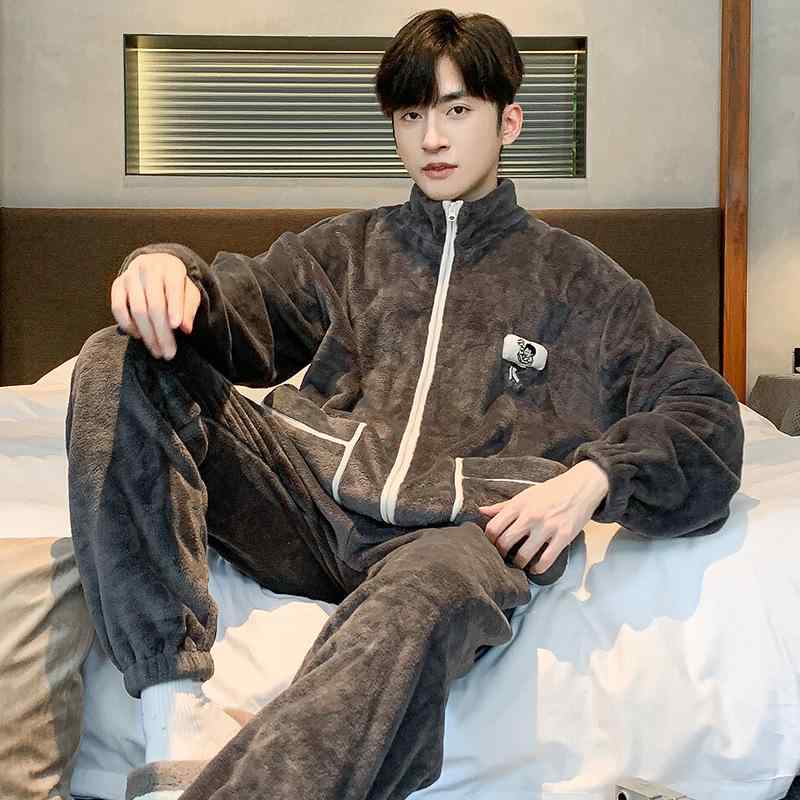 パジャマ メンズ 秋冬用 フランネル 上下セット 立襟 長袖 長ズボン 暖かい 厚手 部屋着 ルームウェア ポリエステル かわいい L XL XXL XXXL