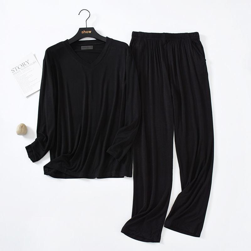 パジャマ メンズ 男性用 薄手 長袖 長ズボン 春秋 夏用 大きいサイズ モダール 部屋着 上下セット Vネック ラウンドネック グレー ブラック ネイビー カーキ ワインレッド