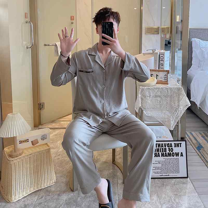 パジャマ メンズ 長袖 ポリエステル 綿 薄手 男性用 寝間着 部屋着 ルームウェア セットアップ 上下セット 春夏 秋冬 襟付き 前開き 大きいサイズ ゆったり 普段使い リラックス 紺色 グレー