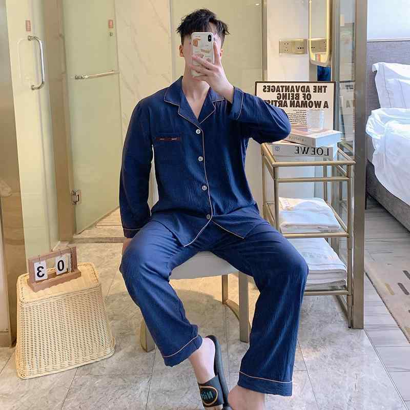 パジャマ メンズ 長袖 ポリエステル 綿 薄手 男性用 寝間着 部屋着 ルームウェア セットアップ 上下セット 春夏 秋冬 襟付き 前開き 大きいサイズ ゆったり 普段使い リラックス 紺色 グレー