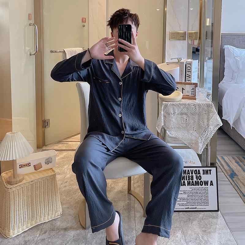 パジャマ メンズ 長袖 ポリエステル 綿 薄手 男性用 寝間着 部屋着 ルームウェア セットアップ 上下セット 春夏 秋冬 襟付き 前開き 大きいサイズ ゆったり 普段使い リラックス 紺色 グレー