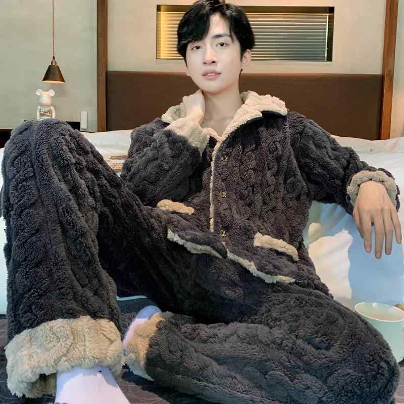 2個セットパジャマ メンズ 男性用 冬用 暖かい 厚手 フリース 前開き 襟付き 長袖 長ズボン ズボン 上下 セット 部屋着 ルームウェア 寝巻き グレー ブラウン ブラック カーキ・カテゴリ: 睡裤 ・素材: 珊瑚绒 ・スタイル: 绣花...