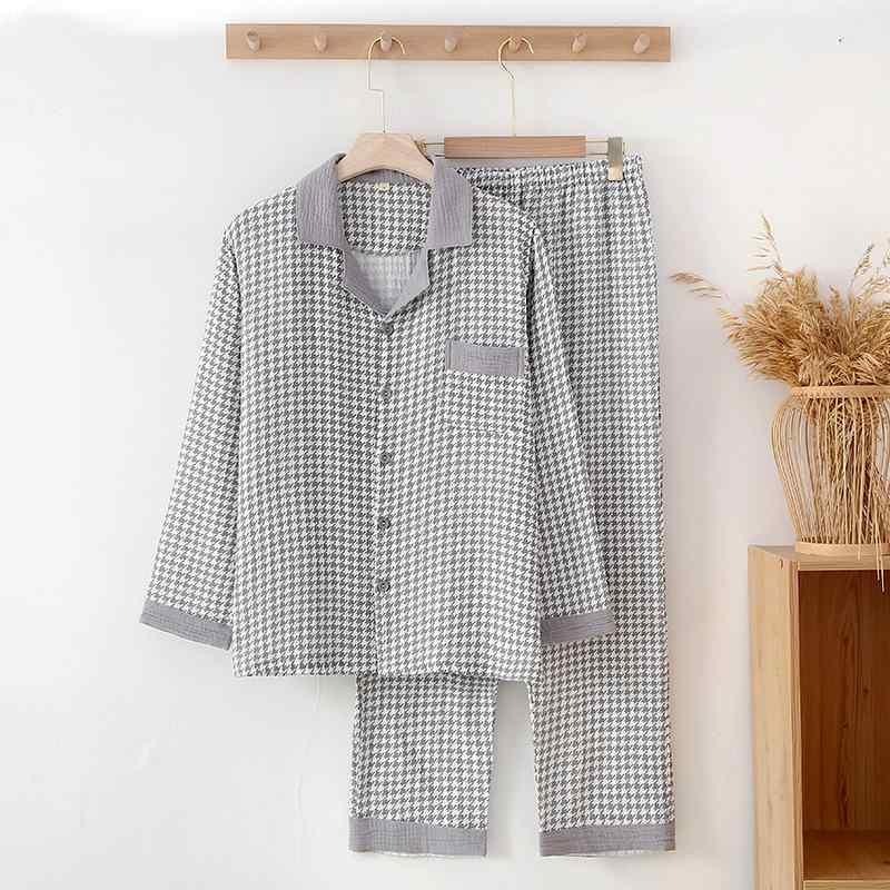 パジャマ メンズ 男性用 綿 ガーゼ 春秋 長袖 チェック柄 薄手 快適 部屋着 ルームウェア 寝間着 上下セット 涼しい 通気性