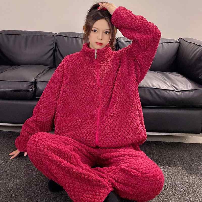 パジャマ カップル レディース メンズ 秋冬 珊瑚绒 ポリエステル セットアップ 厚手 フリース 寝間着 部屋着 ルームウェア 襟付き 前開き 大きいサイズ ゆったり 夫婦 ペアルック あったか 暖か 快適