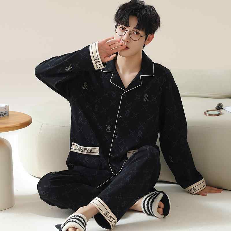 パジャマ メンズ 男性用 ニット コットン 長袖 開襟 セットアップ 部屋着 ルームウェア 大きいサイズ ゆったりサイズ リラックス 春秋 秋冬