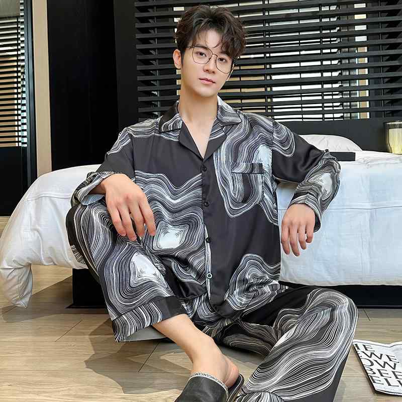 パジャマ メンズ 男性用 春秋 長袖 接触冷感 薄手 豪華感 大きいサイズ リラックス 部屋着 寝間着 ルームウェア 上下セット ポリエステル ホワイト ブラック