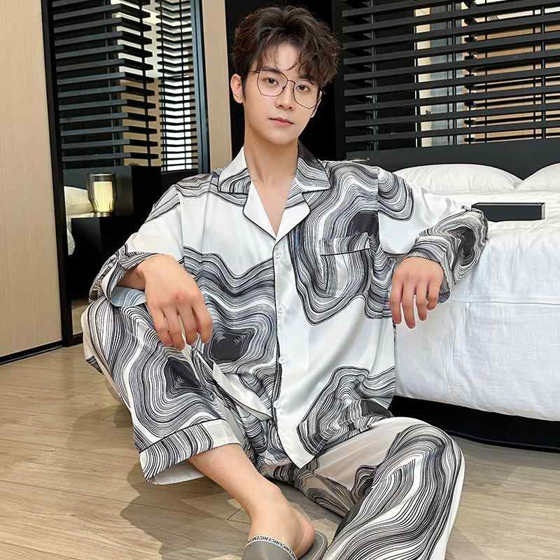 パジャマ メンズ 男性用 春秋 長袖 接触冷感 薄手 豪華感 大きいサイズ リラックス 部屋着 寝間着 ルームウェア 上下セット ポリエステル ホワイト ブラック