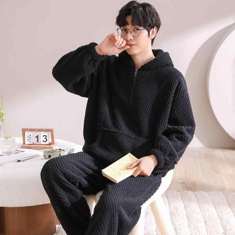 パジャマ メンズ 男性用 珊瑚フリース 上下セット 厚手 防寒 暖かい フード付き ルームウェア 寝間着 長袖 長ズボン 大きいサイズ ゆっ..