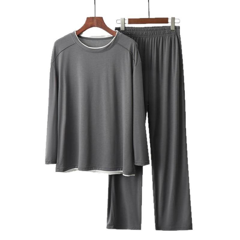 パジャマ メンズ 男性用 春秋 長袖 薄手 丸首 かぶり 大きいサイズ セットアップ 夏 再生繊維 リラックス ウェア 部屋着 寝巻き 深青 グレー 銀グレー 冷灰 ブラウン