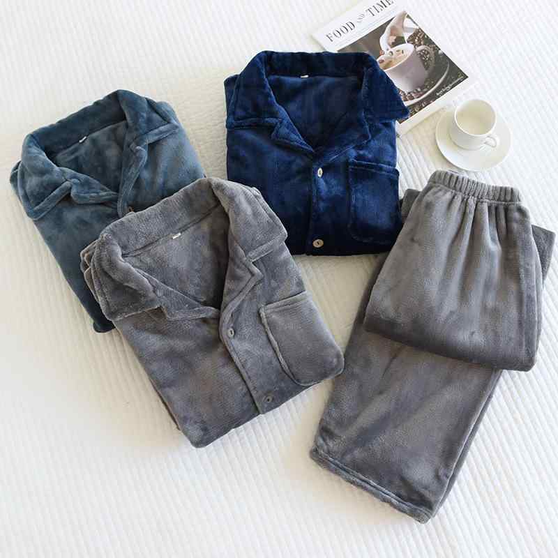 パジャマ メンズ 冬用 厚手 フランネル 長袖 襟付き 暖かい 部屋着 ルームウェア 上下セット 紺色 ネイビー グレー ポリエステル(x2)