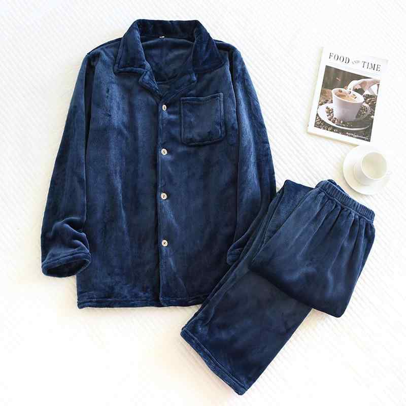 パジャマ メンズ 冬用 厚手 フランネル 長袖 襟付き 暖かい 部屋着 ルームウェア 上下セット 紺色 ネイビー グレー ポリエステル(x2)