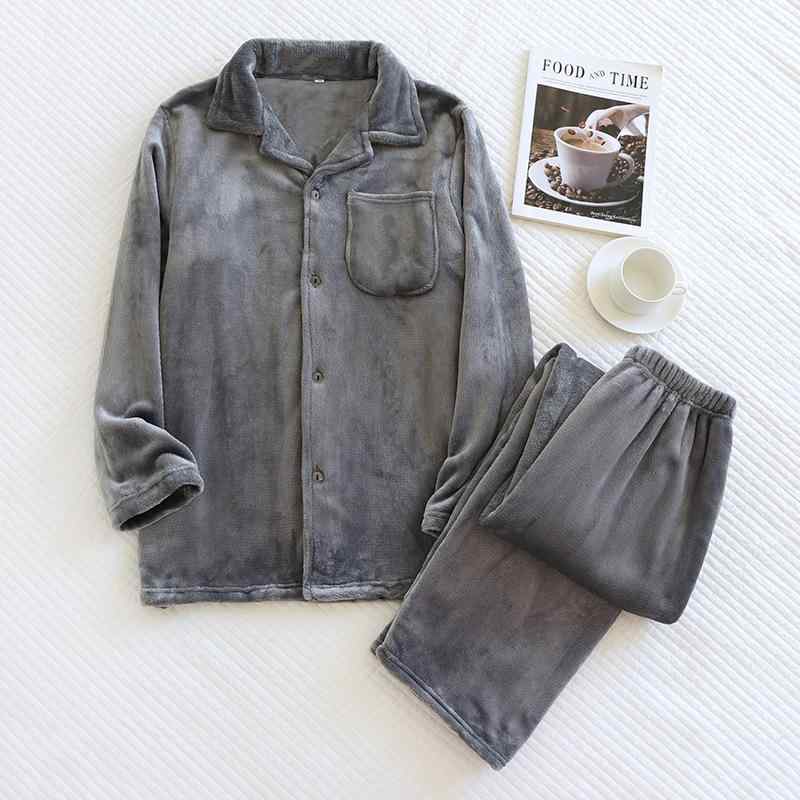 パジャマ メンズ 冬用 厚手 フランネル 長袖 襟付き 暖かい 部屋着 ルームウェア 上下セット 紺色 ネイビー グレー ポリエステル(x2)