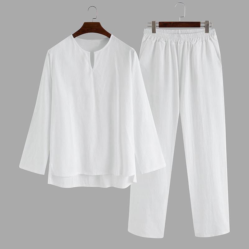 パジャマ メンズ 男性用 コットン Vネック 長袖 シャツ 長ズボン 上下セット 薄手 部屋着 寝間着 リラックスウェア 春秋 白 グレー カーキ