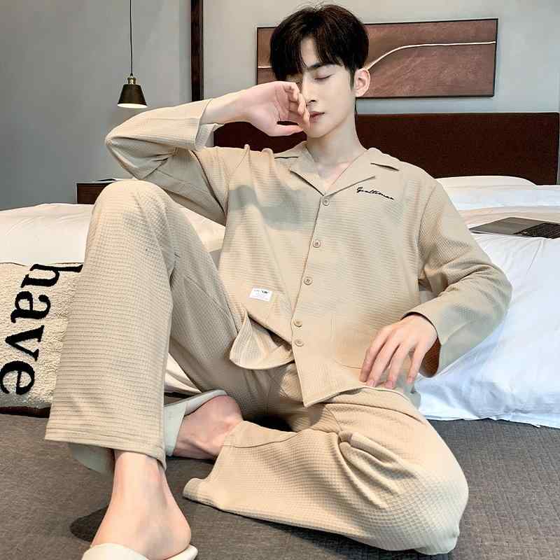 パジャマ メンズ 長袖 コットン 部屋着 寝巻き ルームウェア 上下セット 襟付き 通気 快適 若者 男性用 秋 ワッフル