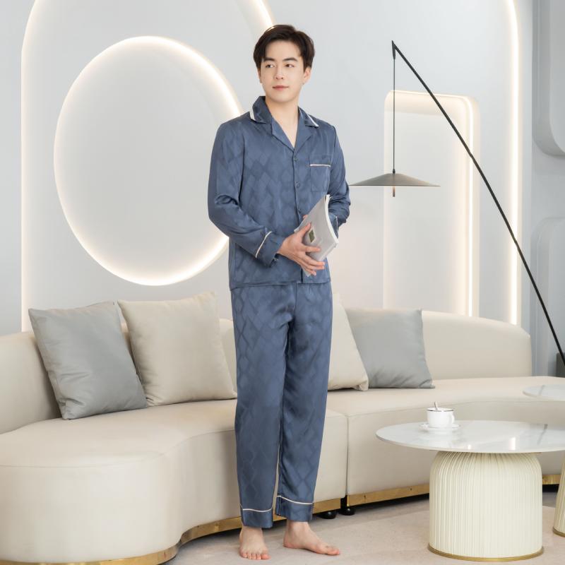 パジャマ メンズ 男性用 上下セット 長袖 Vネック 接触冷感 薄手 部屋着 ルームウェア リラックス ウェア 春秋 ポリエステル ブルー グリーン グレー