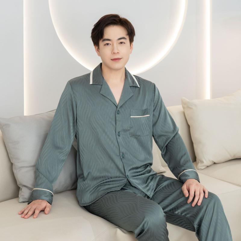 パジャマ メンズ 男性用 上下セット 長袖 Vネック 接触冷感 薄手 部屋着 ルームウェア リラックス ウェア 春秋 ポリエステル ブルー グリーン グレー