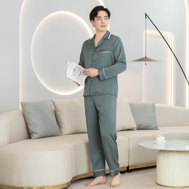 パジャマ メンズ 男性用 上下セット 長袖 Vネック 接触冷感 薄手 部屋着 ルームウェア リラックス ウェア 春秋 ポリエステル ブルー グリーン グレー