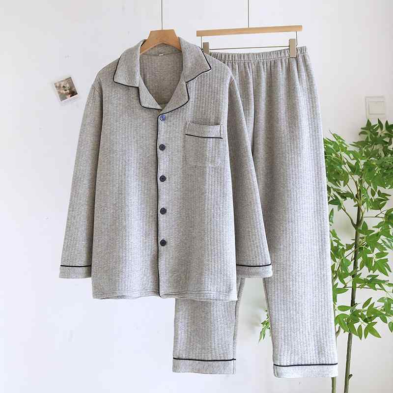 パジャマ メンズ 男性用 綿 長袖長ズボン 上下セット 襟付き 前開き 暖かい 厚手 部屋着 ルームウェア 寝巻き 紺色 ネイビー グレー 秋冬